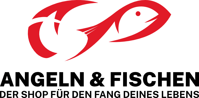 Logo mit einem roten abstrakten Fischdesign über dem Text „ANGELN & FISCHEN“ und „DER SHOP FÜR DEN FANG DEINES LEBENS“ in schwarzen Großbuchstaben.