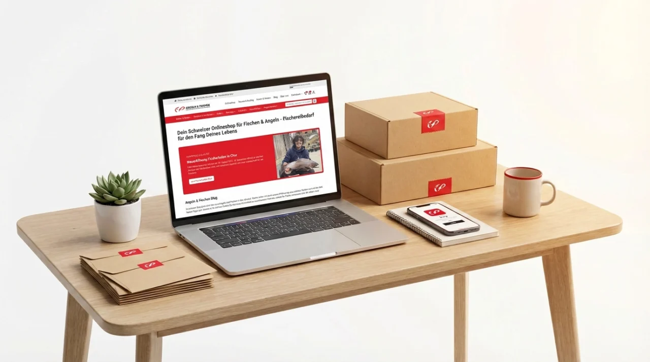Laptop mit Schweizer Angelshop-Webseite, Pakete und Handy. Dein Schweizer Onlineshop für Fischer & Angeln.